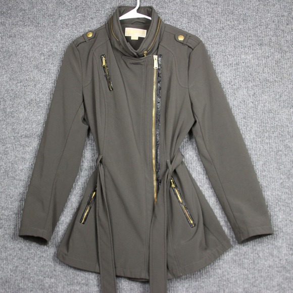 Michael Kors Gray Belted Moto Jacket with Gold Hardware Size S Packable Hoodie - Picture 1 of 9